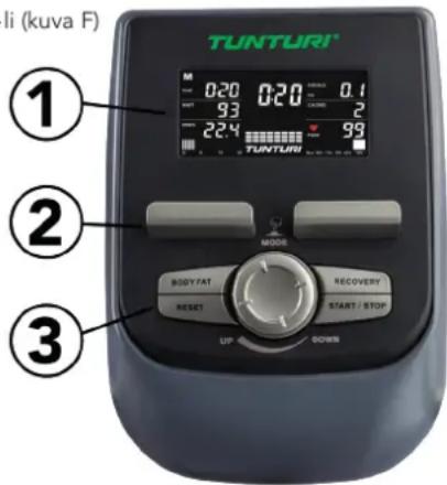 li (kuva F) TUNTURI 1 0:20 0:20 0:1 93 2 224 99 TUNTURI 2 3 MUSIC BODYTAT RECOVERY RESET START / STOP UP DOWN