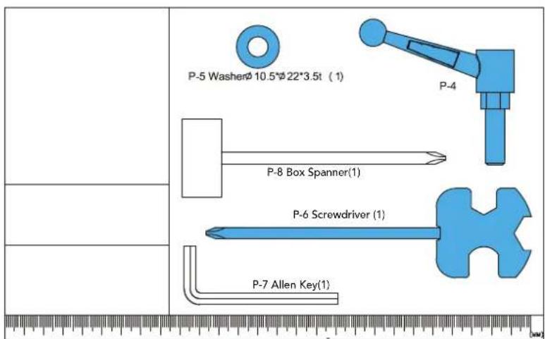 P-5 Washer 10.5*22*3.5t (1) P-4 P-8 Box Spanner(1) P-6 Screwdriver (1) P-7 Allen Key(1)