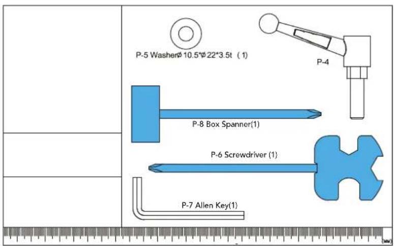 P-5 Washerø 10.5ø 22°3.5t (1) P-8 Box Spanner(1) P-6 Screwdriver (1) P-7 Allen Key(1)