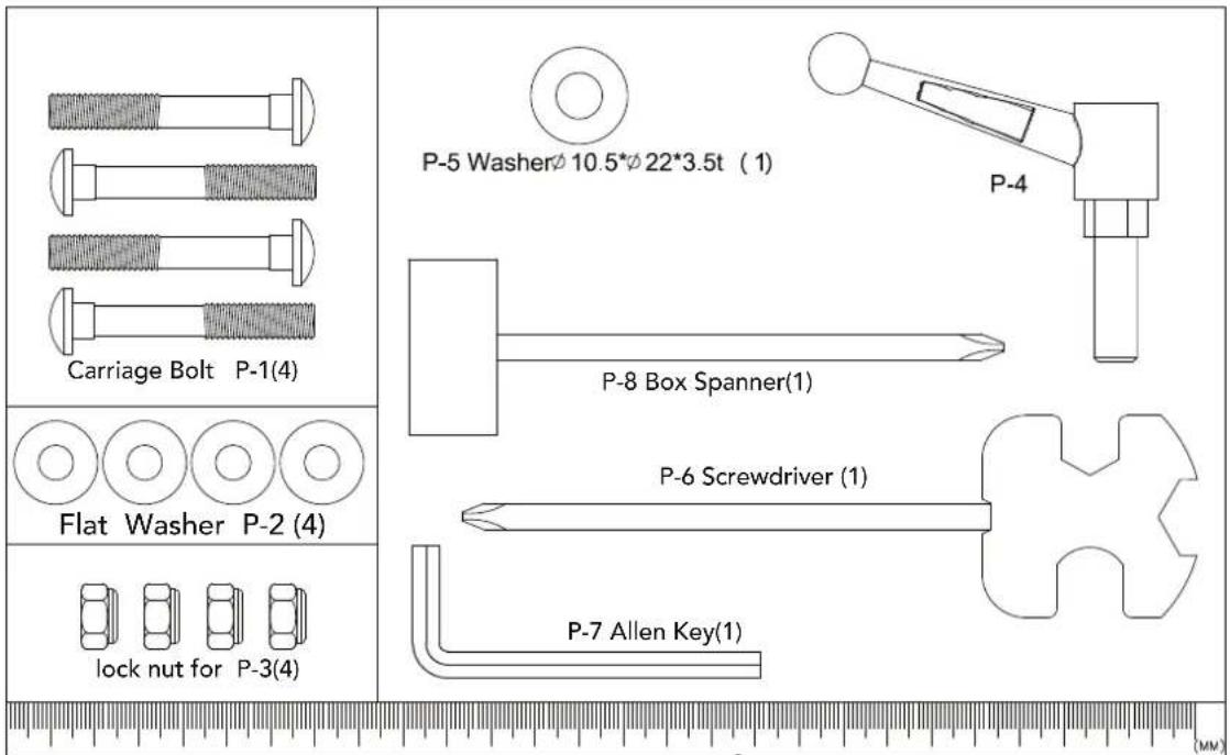 Carriage Bolt P-1(4) Flat Washer P-2 (4) lock nut for P-3(4) P-5 Washer Ø 10.5* Ø 22*3.5t (1) P-8 Box Spanner(1) P-6 Screwdriver (1) P-7 Allen Key(1)