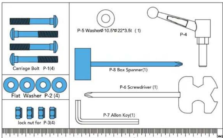 Carriage Bolt P-1(4) Flat Washer P-2 (4) lock nut for P-3(4) P-5 Washerø 10.5ø 22*3.5t (1) P-8 Box Spanner(1) P-6 Screwdriver (1) P-7 Allen Key(1)