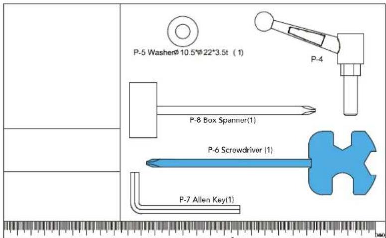 P-5 Washerø 10.5*ø 22*3.5t (1) P-8 Box Spanner(1) P-6 Screwdriver (1) P-7 Allen Key(1)