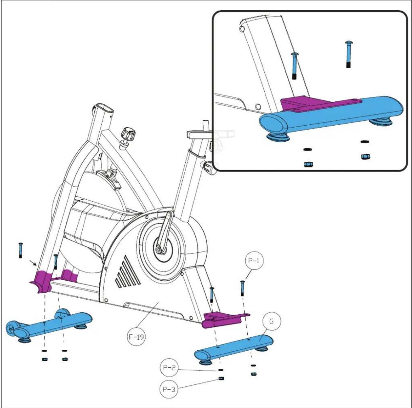 Technical diagram of a stationary exercise machine with labeled components and an inset view showing the assembly.