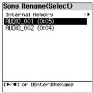 ROLAND FPE50 - Dans l'écran song utility, utilisez les boutons [a]n[v] pour sélectionner « song rename », puis appuyez sur le bouton [enter]. - 1