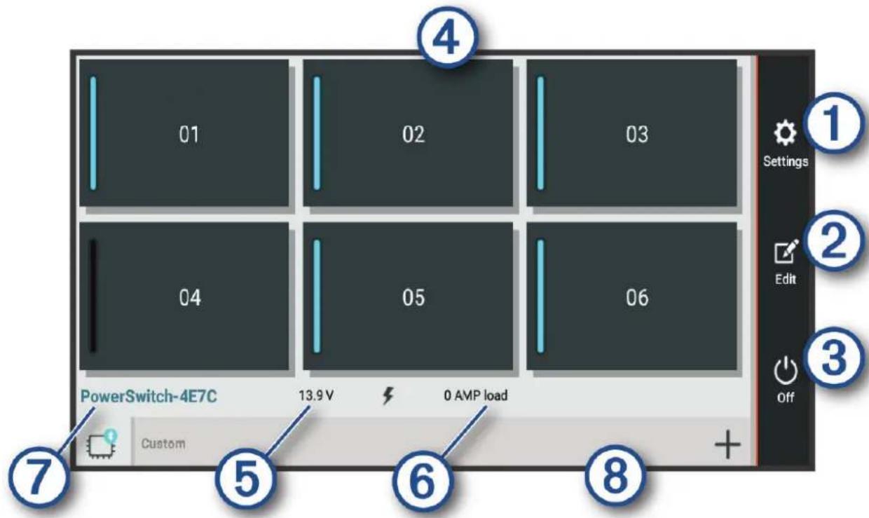 01 02 03 04 05 06 Settings Edit Off PowerSwitch-4E7C 13.9 V 0 AMP load Custom ⑦ ⑤ ⑥ ⑧
