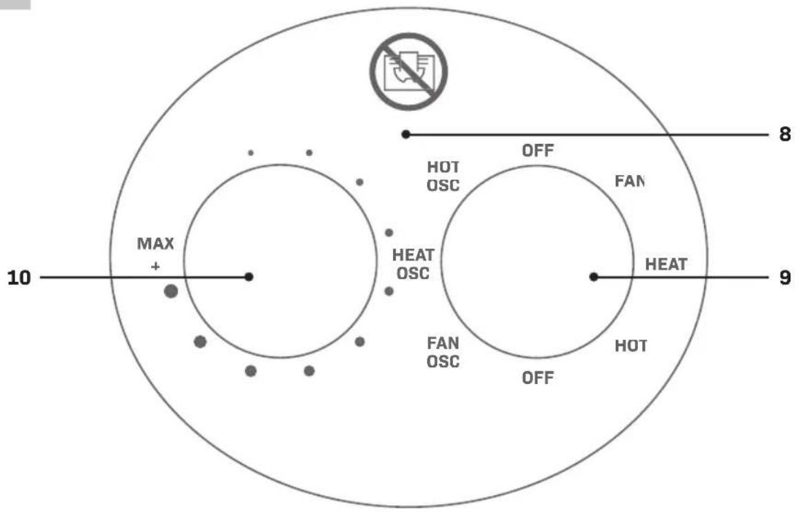 MAX + 10 HOT OSC OFF FAN HEAT 9 HEAT OSC FAN OSC OFF HOT 8 9