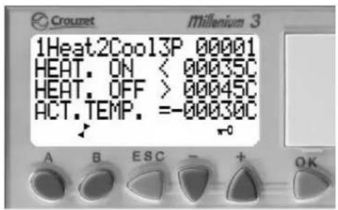 1Heat2Cool3P 00001 HEAT. ON < 00035C HEAT. OFF > 00045C ACT.TEMP. =-00030C A B ESC - + OK