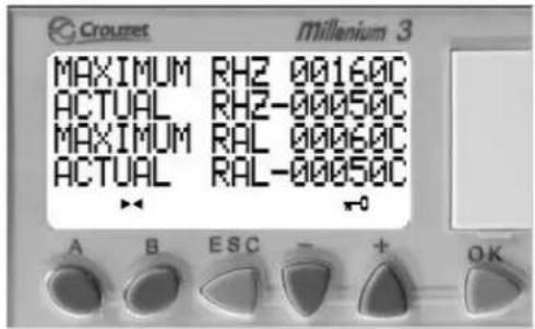 Crouzet Millenium 3 MAXIMUM RH2 00160C ACTUAL RH2-00050C MAXIMUM RAL 00060C ACTUAL RAL-00050C A B ESC - + OK