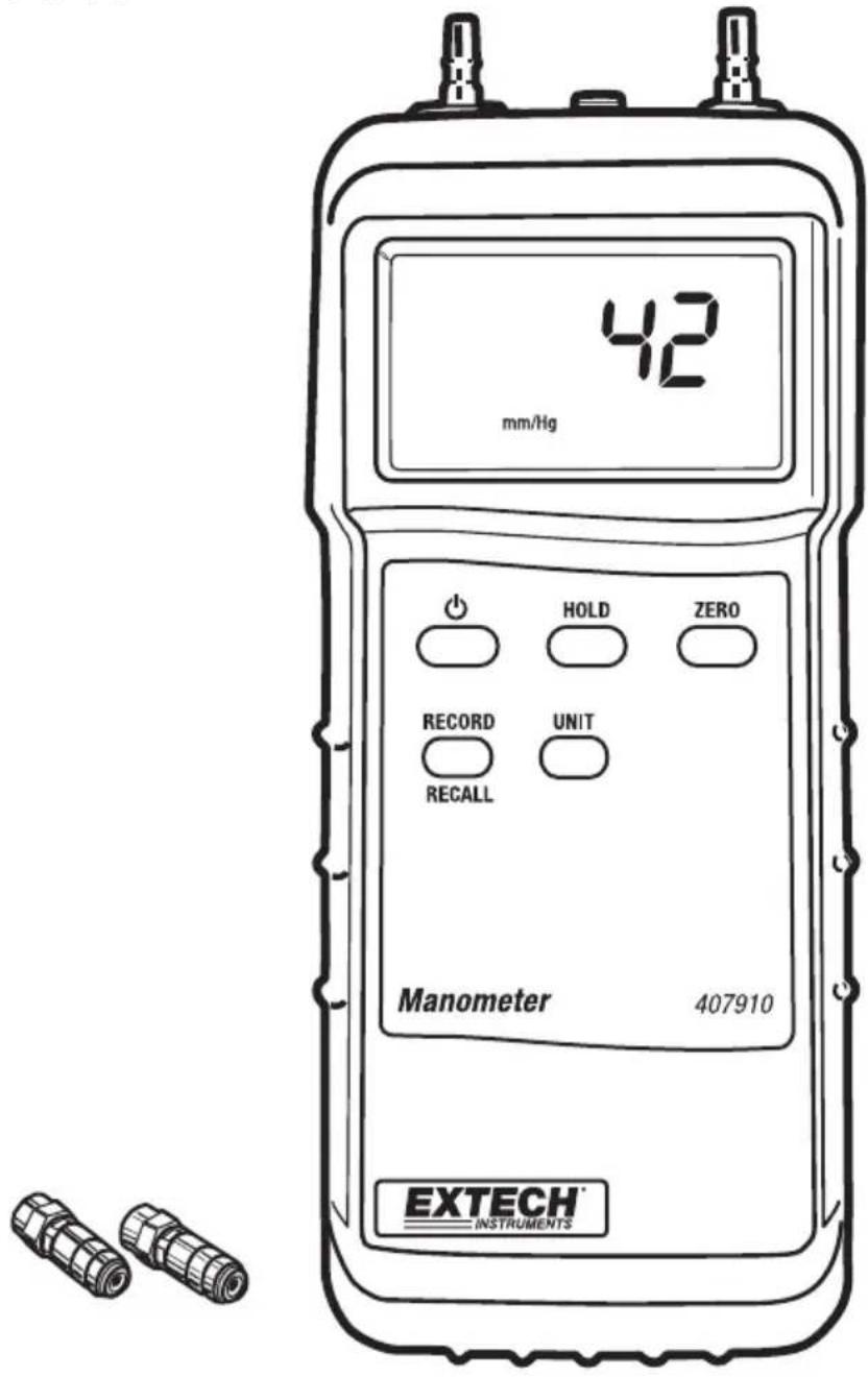 42 mm/Hg HOLD ZERO RECORD UNIT RECALL Manometer 407910 EXTECH INSTRUMENTS