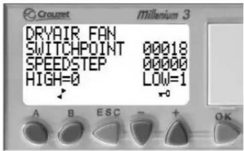 Crouzet Millenium 3 DRYAIR FAN SWITCHPOINT 00018 SPEEDSTEP 00000 HIGH=0 LOW=1 A B ESC + OK