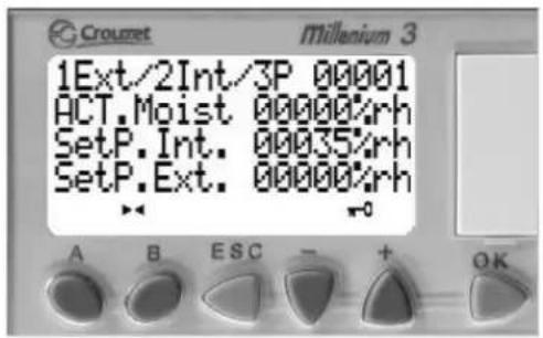 Crouzet Millenium 3 1Ext/2Int/3P 00001 ACT.Moist 00000%rh SetP.Int. 00035%rh SetP.Ext. 00000%rh A B ESC - + OK