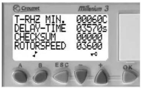 Crouzet Millenium 3 T-RH2 MIN. 00060C DELAY-TIME 03570s CHECKSUM 00000 ROTORSPEED 03600 A B ESC - + OK