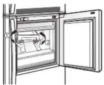 Diagram of an open refrigerator with labeled parts, showing internal compartments and a hand inserting a paper into one panel.