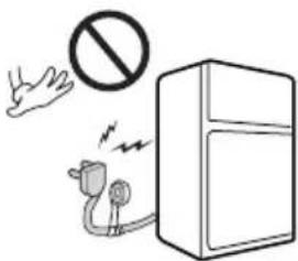 Safety warning illustration showing a hand holding a 'no' symbol above an electric shock device next to a refrigerator.