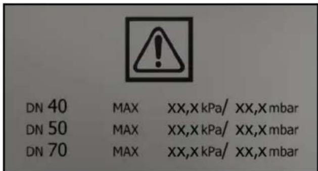DN 40 MAX XX,X kPa/ XX,X mbar DN 50 MAX XX,X kPa/ XX,X mbar DN 70 MAX XX,X kPa/ XX,X mbar