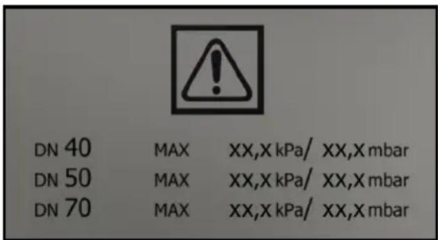 DN 40 MAX XX,X kPa/ XX,X mbar DN 50 MAX XX,X kPa/ XX,X mbar DN 70 MAX XX,X kPa/ XX,X mbar