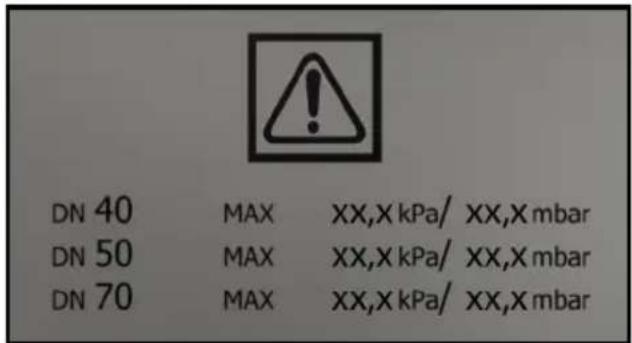 DN 40 MAX XX,X kPa/ XX,X mbar DN 50 MAX XX,X kPa/ XX,X mbar DN 70 MAX XX,X kPa/ XX,X mbar