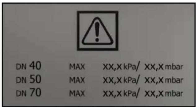 DN 40 MAX XX,X kPa/ XX,X mbar DN 50 MAX XX,X kPa/ XX,X mbar DN 70 MAX XX,X kPa/ XX,X mbar