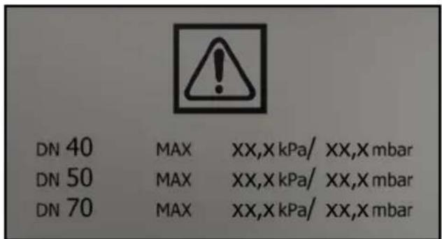 DN 40 MAX XX,X kPa/ XX,X mbar DN 50 MAX XX,X kPa/ XX,X mbar DN 70 MAX XX,X kPa/ XX,X mbar