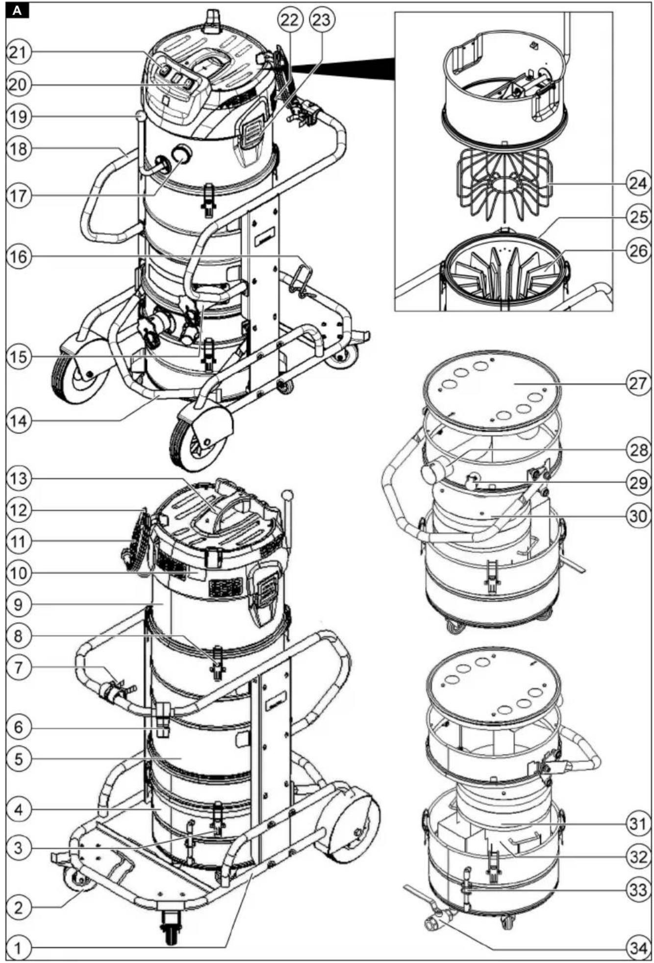 Technical diagram of a vacuum cleaner with numbered parts and exploded view, showing internal components and assembly details.