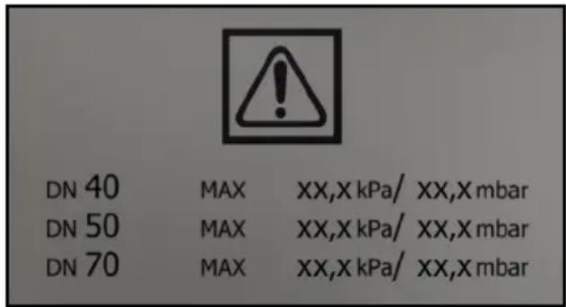 DN 40 MAX XX,X kPa/ XX,X mbar DN 50 MAX XX,X kPa/ XX,X mbar DN 70 MAX XX,X kPa/ XX,X mbar