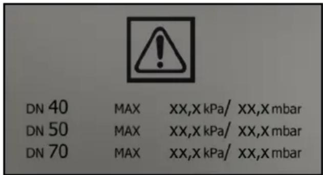 DN 40 MAX XX,X kPa/ XX,X mbar DN 50 MAX XX,X kPa/ XX,X mbar DN 70 MAX XX,X kPa/ XX,X mbar