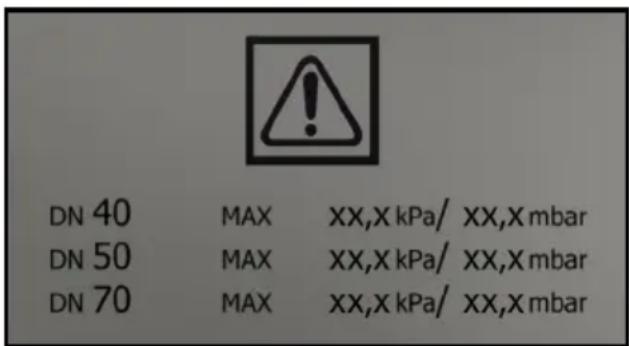 DN 40 MAX XX,X kPa/ XX,X mbar DN 50 MAX XX,X kPa/ XX,X mbar DN 70 MAX XX,X kPa/ XX,X mbar