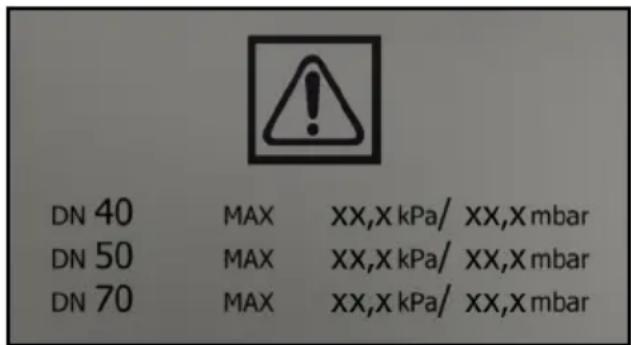 DN 40 MAX XX,X kPa/ XX,Xmbar DN 50 MAX XX,X kPa/ XX,Xmbar DN 70 MAX XX,X kPa/ XX,Xmbar