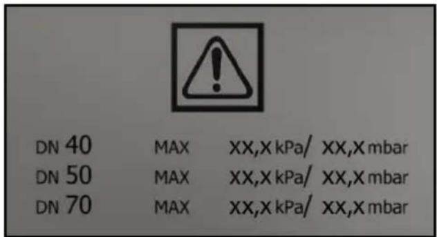 DN 40 MAX XX,X kPa/ XX,X mbar DN 50 MAX XX,X kPa/ XX,X mbar DN 70 MAX XX,X kPa/ XX,X mbar