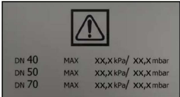 DN 40 MAX XX,X kPa/ XX,X mbar DN 50 MAX XX,X kPa/ XX,X mbar DN 70 MAX XX,X kPa/ XX,X mbar