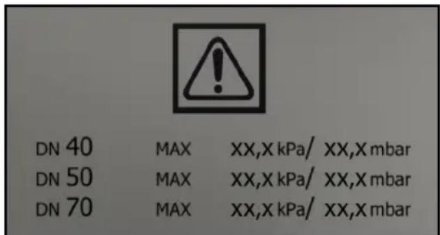 DN 40 MAX XX,X kPa/ XX,X mbar DN 50 MAX XX,X kPa/ XX,X mbar DN 70 MAX XX,X kPa/ XX,X mbar