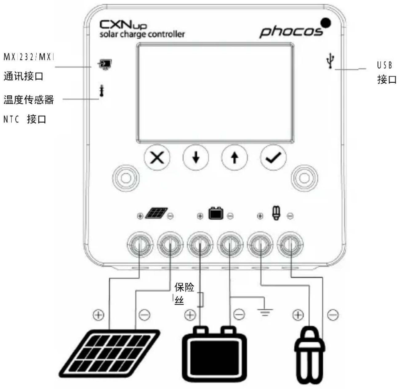 CXN_up solar charge controller phocos MX 232/MX 通讯接口 温度传感器 NTC 接口 USB 接口 保险丝