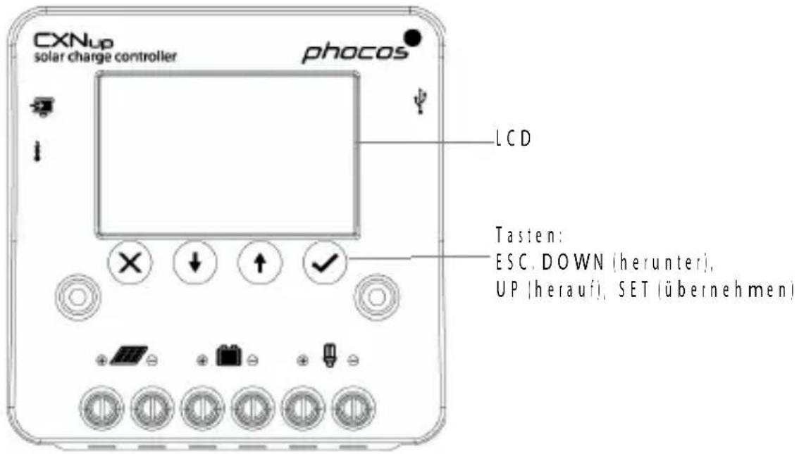 CXNup solar charge controller phocos LCD Tasten: ESC. DOWN (herunter), UP (herauf), SET (übernehmen)