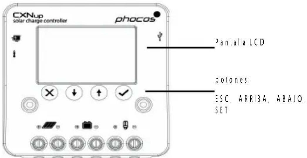 CXNup solar charge controller phocos Pantalla LCD botones: ESC, ARRIBA, ABAJO, SET