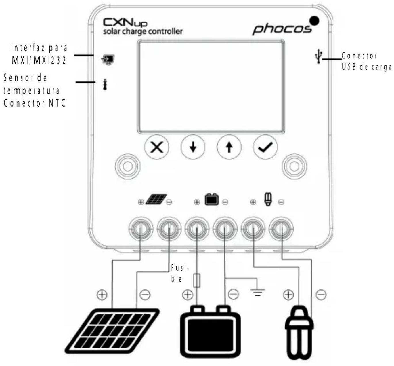 CXNup solar charge controller phocos Interfaz para MXI/MXI232 Sensor de temperatura Conector NTC Conector USB de carga Fusible