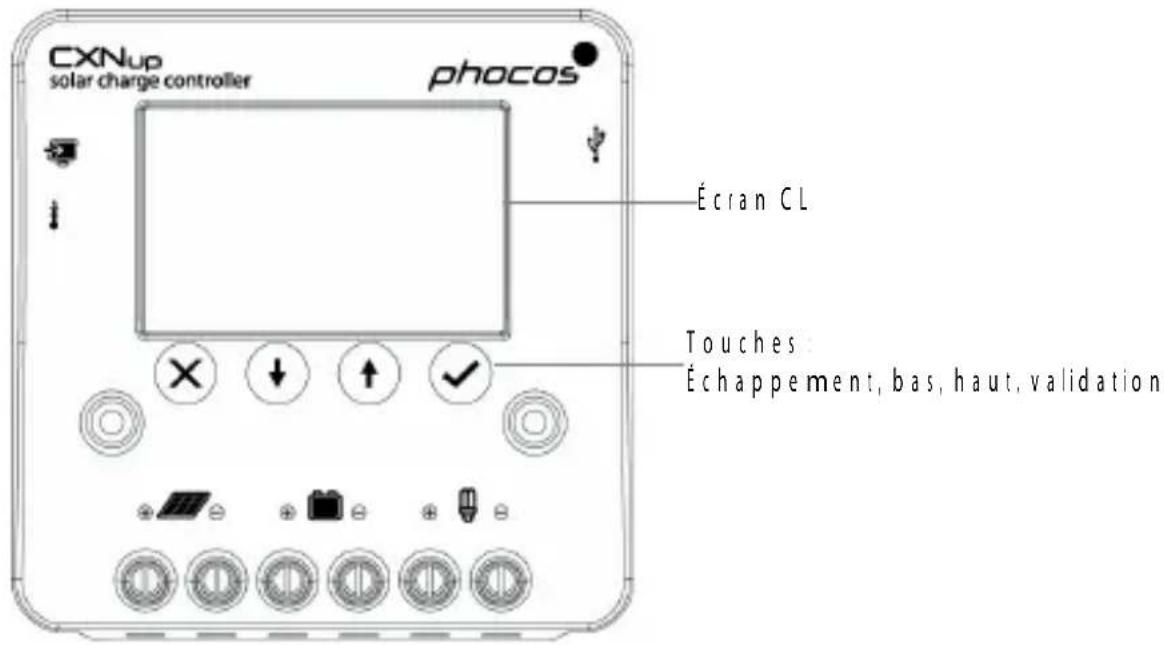 CXNup solar charge controller phocos Écran CL Touches Échappement, bas, haut, validation