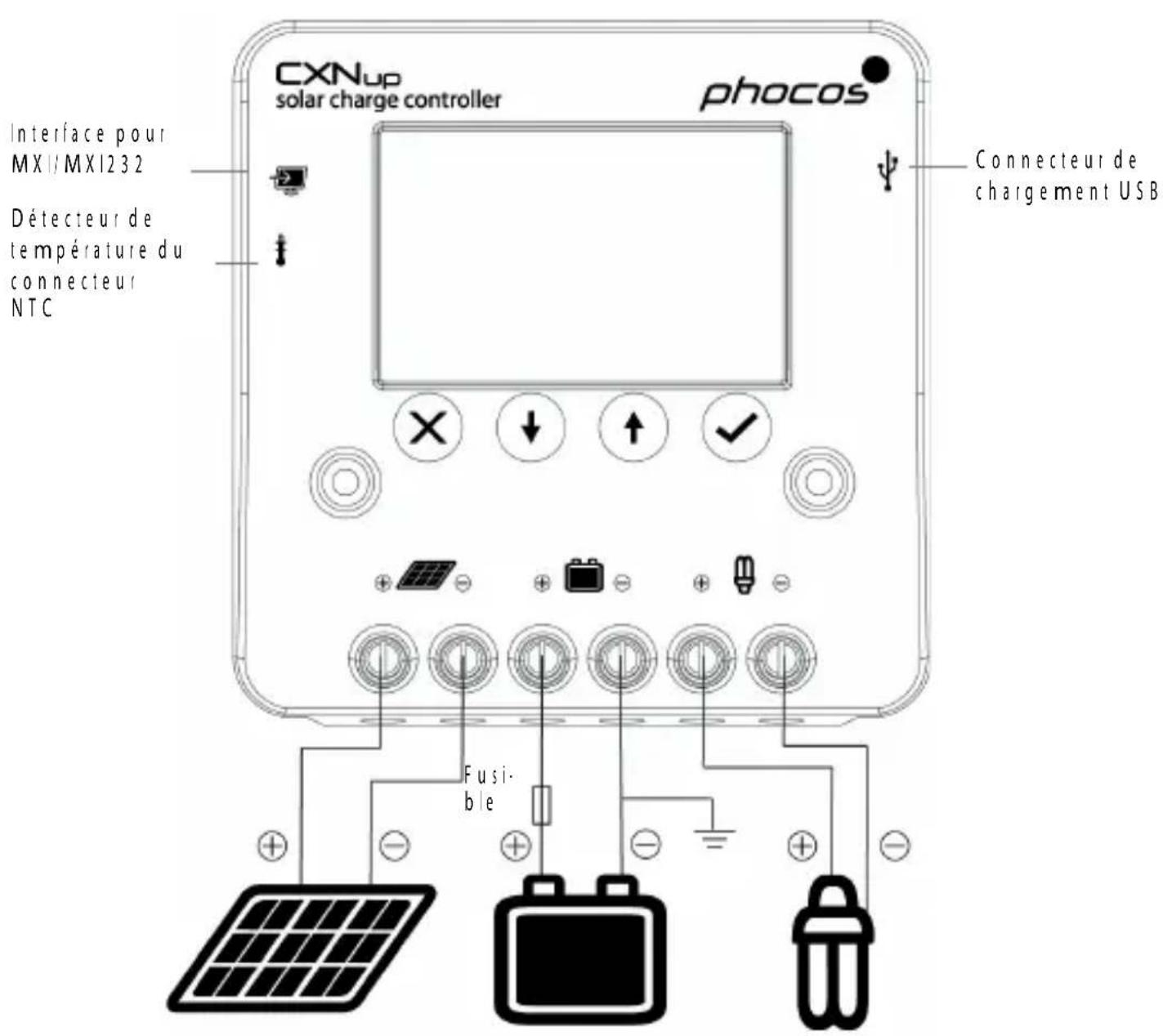 CXNup solar charge controller phocos Interface pour MX1/MXI232 Détecteur de température du connecteur NTC Connecteur de chargement USB Fusible