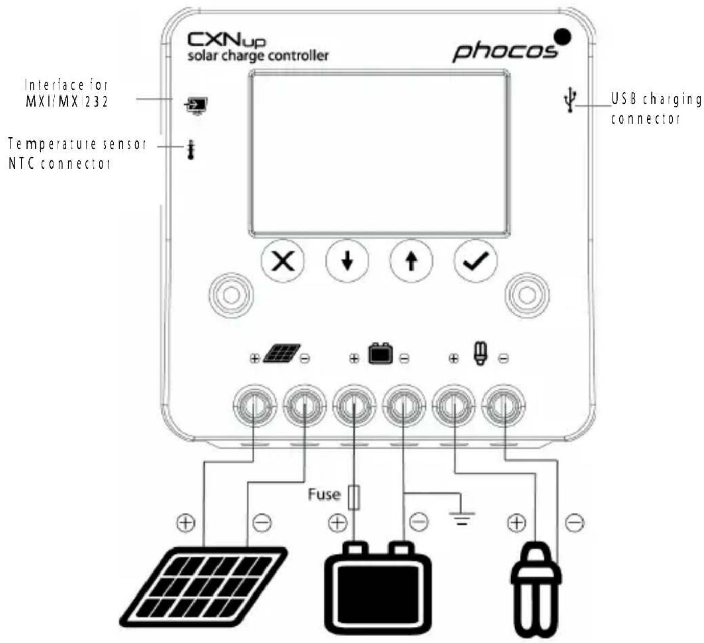 CXNup solar charge controller phocos Interface for MXI/MX 232 Temperature sensor NTC connector USB charging connector Fuse
