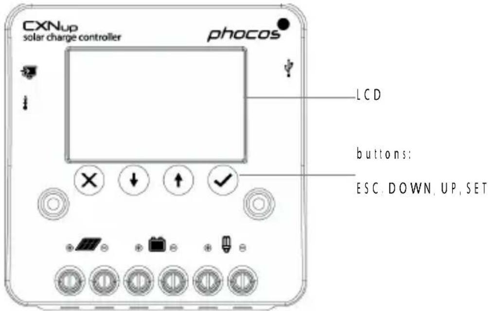 CXNup solar charge controller phocos LCD buttons: ESC, DOWN, UP, SET