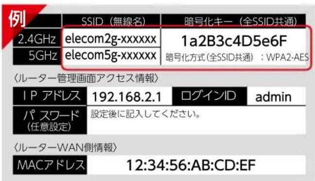 例 SSID（無線名） 暗号化キー（全SSID共通） 2.4GHz elecom2g-xxxxxx 1a2B3c4D5e6F 5GHz elecom5g-xxxxxx 暗号化方式(全SSID共通)：WPA2-AES 〈ルーター管理画面アクセス情報〉 IP アドレス 192.168.2.1 ログインID admin パスワード (任意設定) 設定後に記入してください。 〈ルーターWAN側情報〉 MACアドレス 12:34:56:AB:CD:EF