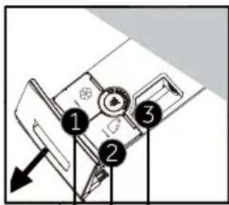 Diagram of a device with numbered components and an arrow indicating direction, likely for assembly or labeling.