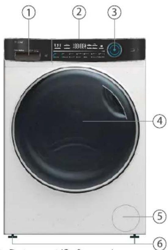 Labeled diagram of a washing machine with numbered parts for identification and assembly reference.