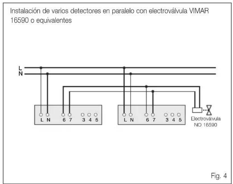 Instalación de varios detectores en paralelo con electroválvula VIMAR 16590 o equivalentes L N L N 6 7 3 4 5 L N 6 7 3 4 5 Electroválvula NO 16590 Fig. 4