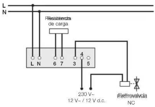 L N Resistencia de carga L N 6 7 3 4 5 230 V~ 12 V~ / 12 V d.c. Eletrovalvola NC