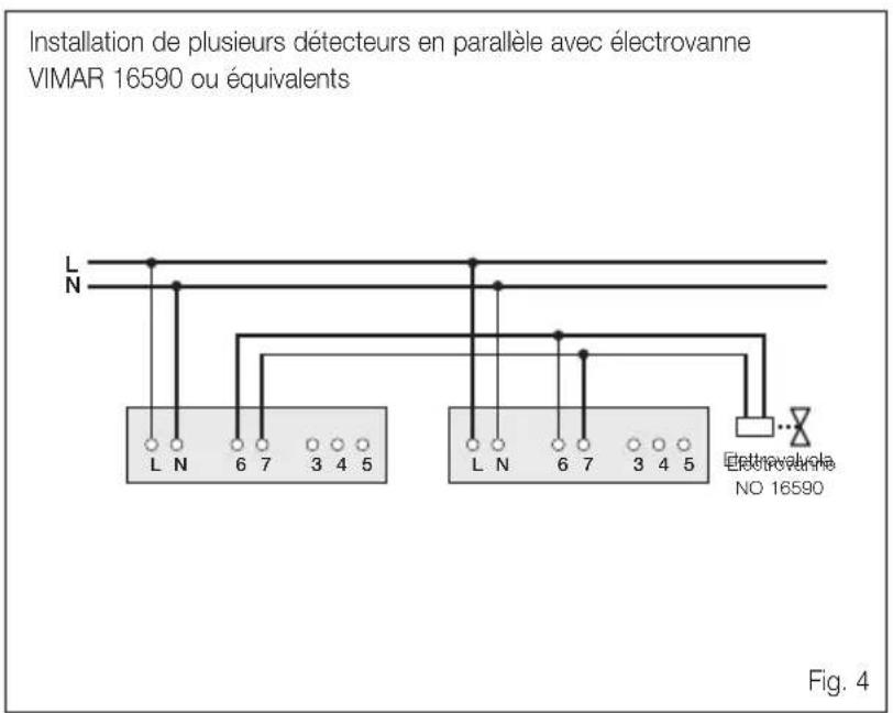 Installation de plusieurs détecteurs en parallèle avec électrovanne VIMAR 16590 ou équivalents L N L N 6 7 3 4 5 L N 6 7 3 4 5 Electrovanette NO 16590 Fig. 4