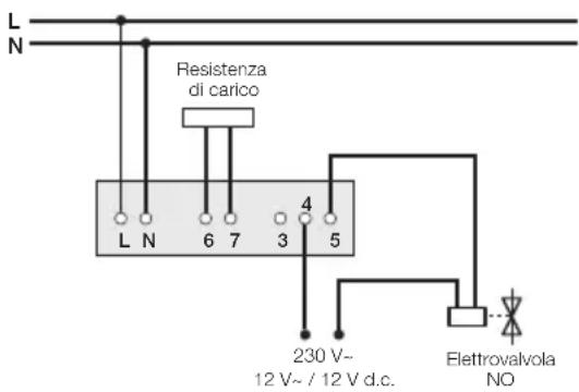 L N Resistenza di carico L N 6 7 3 4 5 230 V~ 12 V~ / 12 V d.c. Elettrovalvola NO