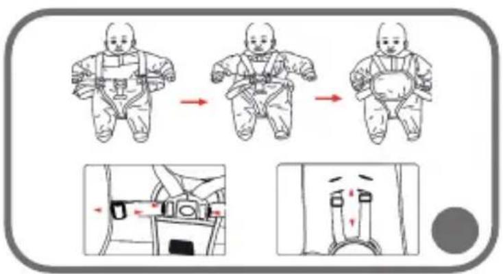 Illustration showing a baby in a seatbelt with three sequential steps and corresponding close-ups of the seatbelt device.