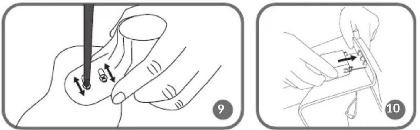 Medical procedure diagrams showing hand positioning and tool application steps, labeled 9 and 10