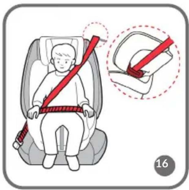 Illustration showing a child wearing a car seatbelt with a red belt, accompanied by a close-up of the seatbelt being inserted.