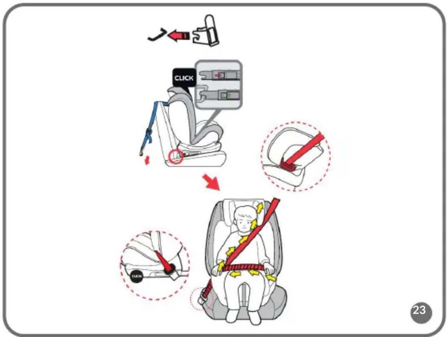 Diagram illustrating car seatbelt usage, showing how to switch a child's seatbelt via a device and switch with red belt.